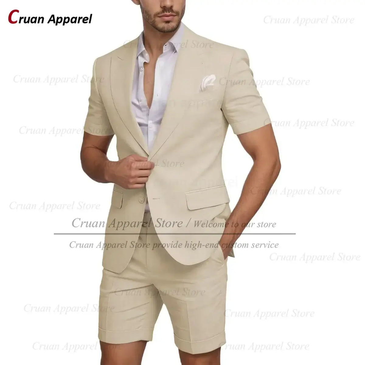 Men's Slim Fit Linen Beach Wedding Short Suit, 2-Piece