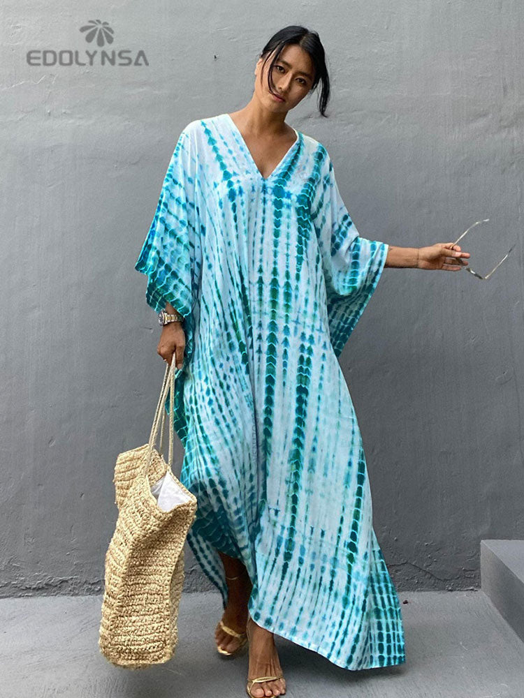 Women's Bohemian Printed V-Neck Batwing Split Maxi Dress