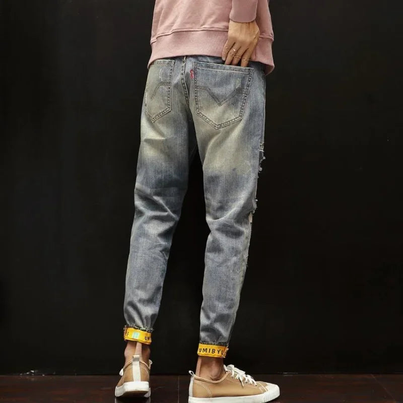 Men's Tapered Ripped Print Jeans, Plus-Size Washed Retro Distressed Denim