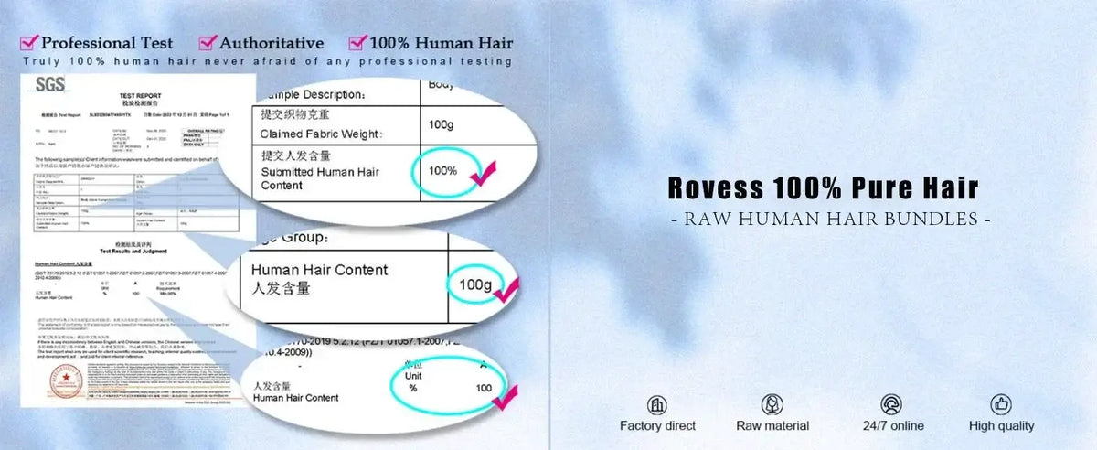 Rovess 100% Pure Hair Raw Human Hair Bundles professional test details showcasing 100% human hair content and high quality standards.