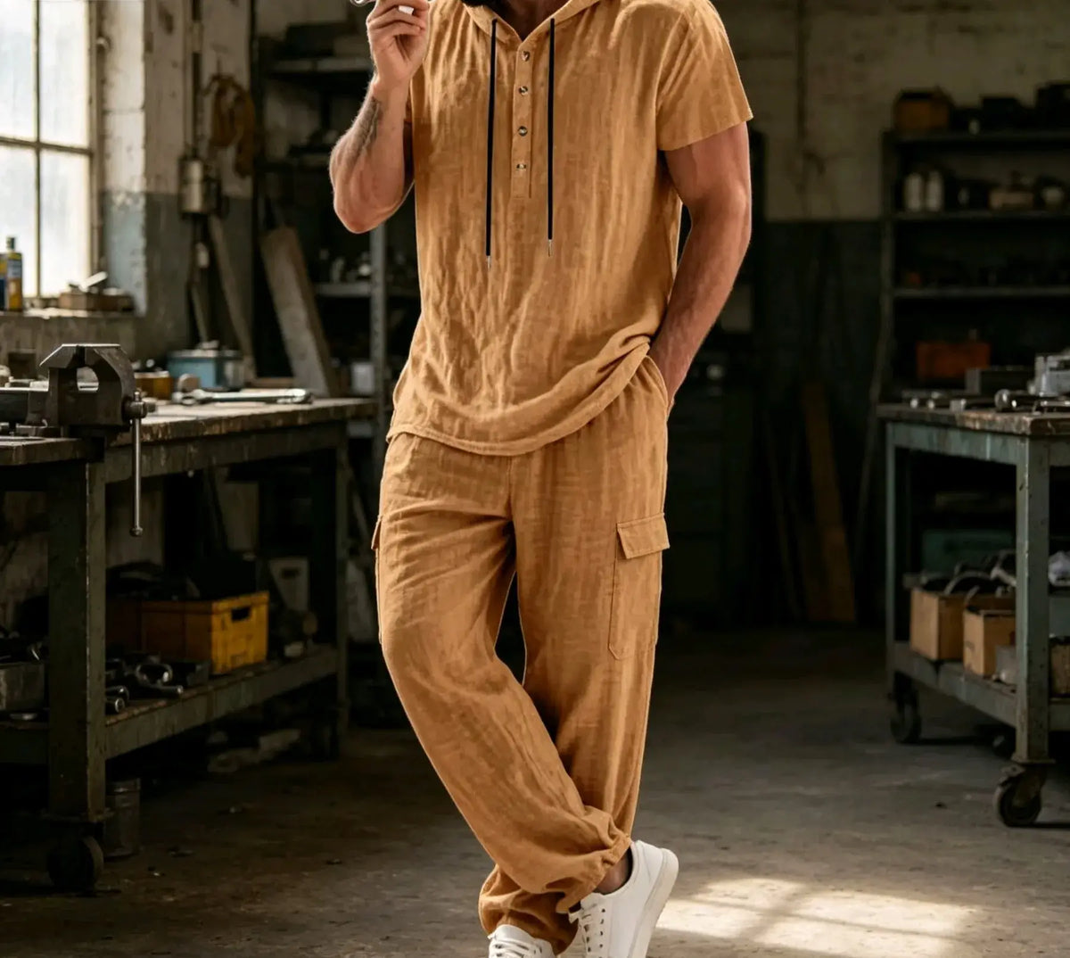 Men's Summer Linen Short Sleeve Hoodie and Loose Pants Set
