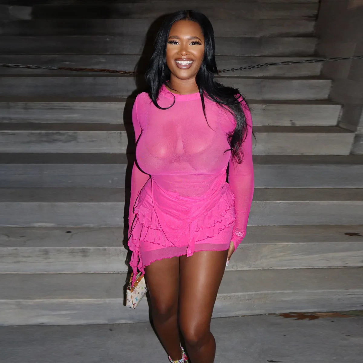 Women's Mesh Crop Top and Ruffle Mini Skirt Two-Piece Set
