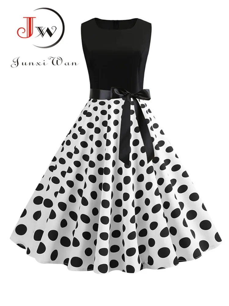 Black White Polka Dot Summer Dress Women Sleeveless Vintage 50s 60s Party Office Dresses