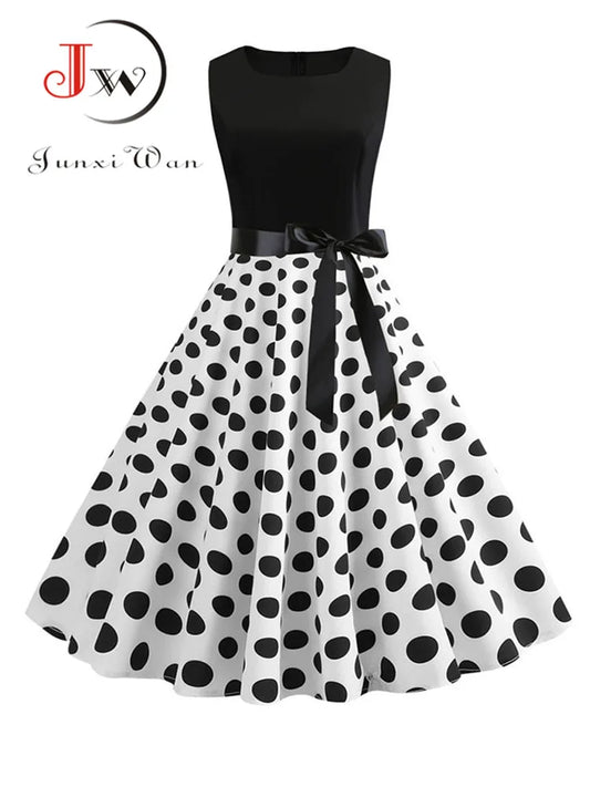 Black White Polka Dot Summer Dress Women Sleeveless Vintage 50s 60s Party Office Dresses