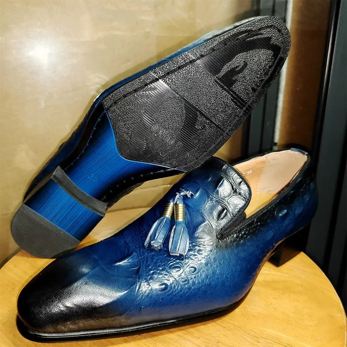 Men's Genuine Leather Black Tassel Loafers Formal Slip-On Dress Shoes
