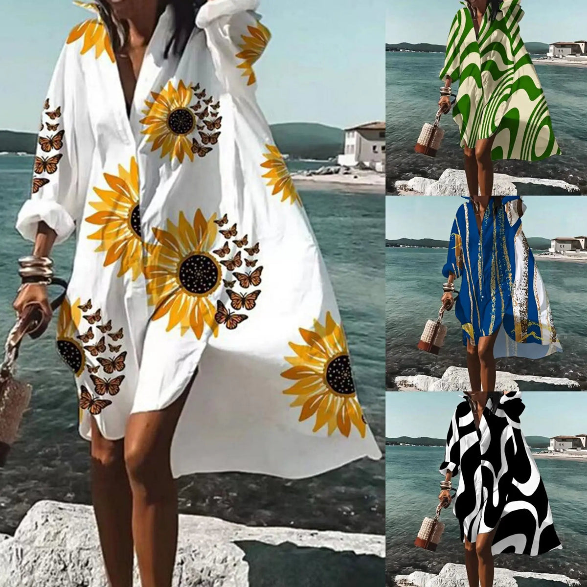 Women's Printed Lapel Long Sleeve Shirt Dress