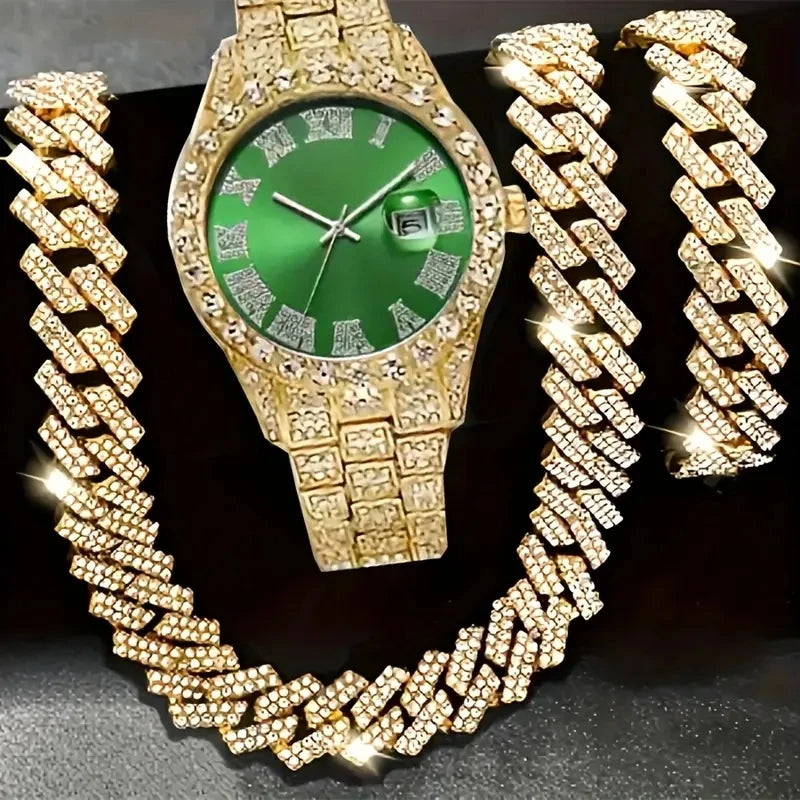 Men's Bling Quartz Watch and Cuban Chain Necklace Set