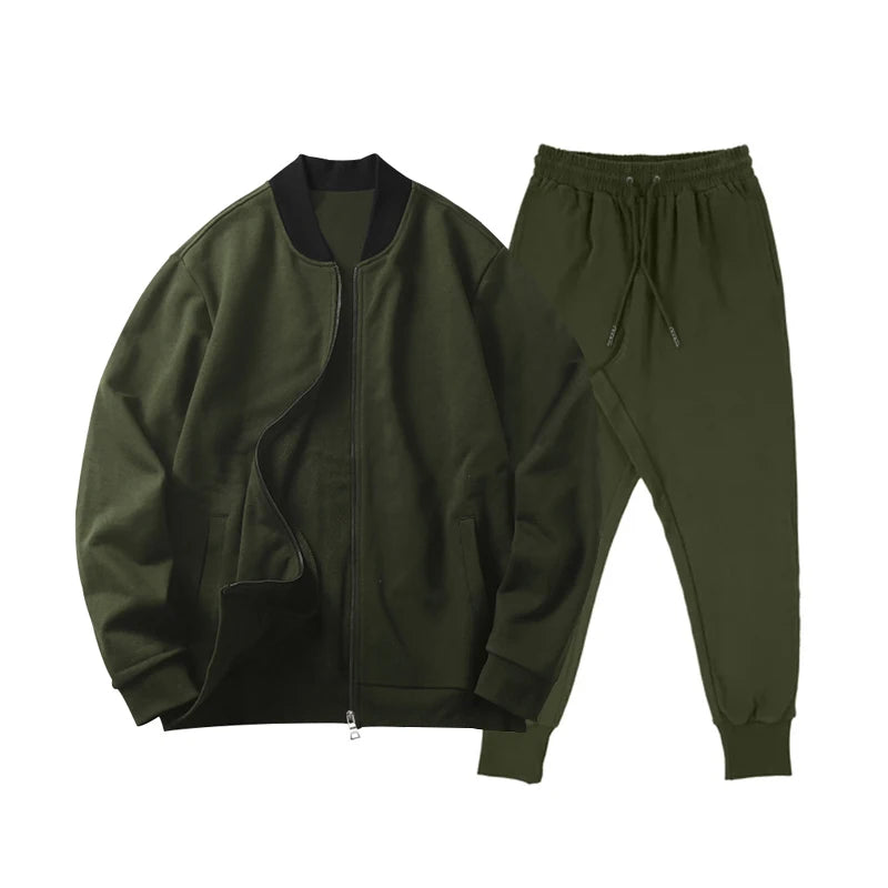 Men's Solid Stand-Collar Zip Jacket and Pants Set