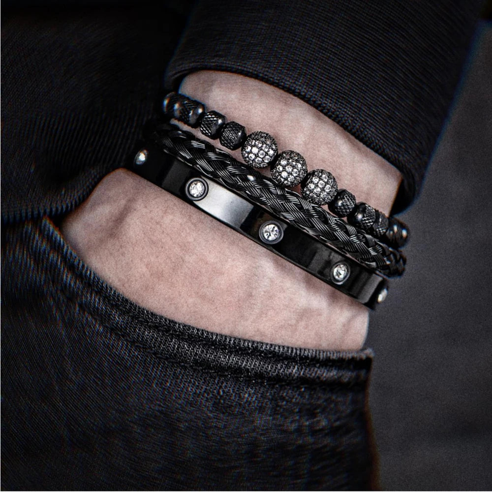 Men's 3-Piece Micro Pave CZ Stainless Steel Charm Bracelet Set
