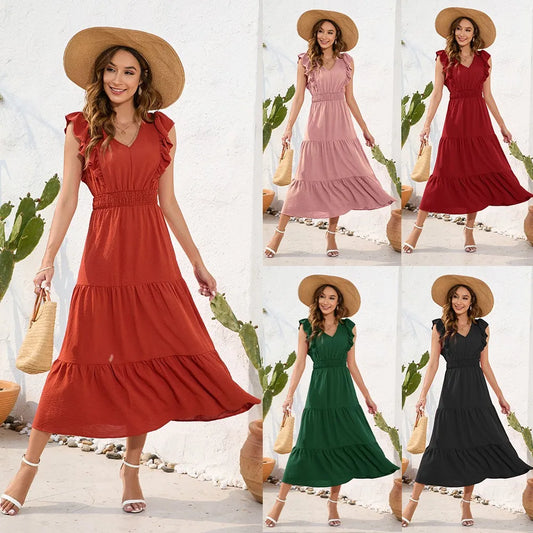 Women's V-Neck Sleeveless High-Waist A-Line Maxi Dress