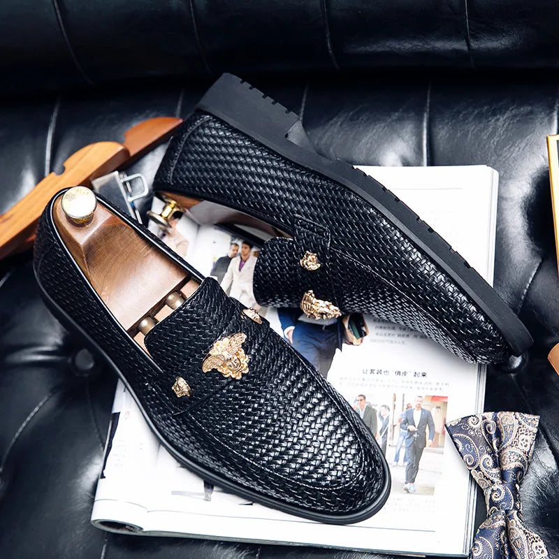 Men's Black Pointed-Toe Leather Brogue Loafers