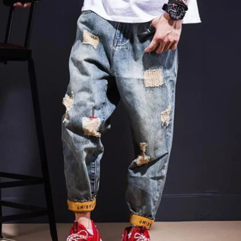 Men's Tapered Ripped Print Jeans, Plus-Size Washed Retro Distressed Denim