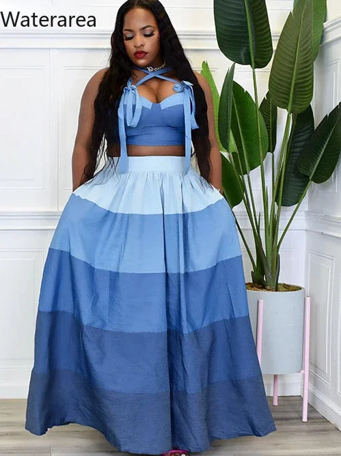 Women's Plus-Size Blue Striped Crop Top and Swing Skirt Two-Piece Set