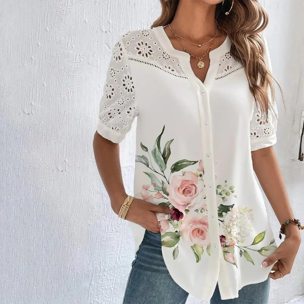 Women's Casual Loose Short-Sleeve Lace Shirt, Elegant Holiday Blouse
