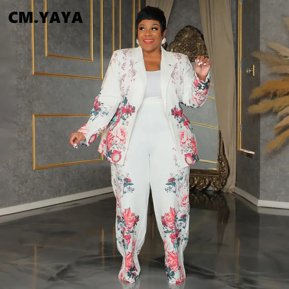 Women's Plus Floral Print Blazer and Wide-Leg Pants Set