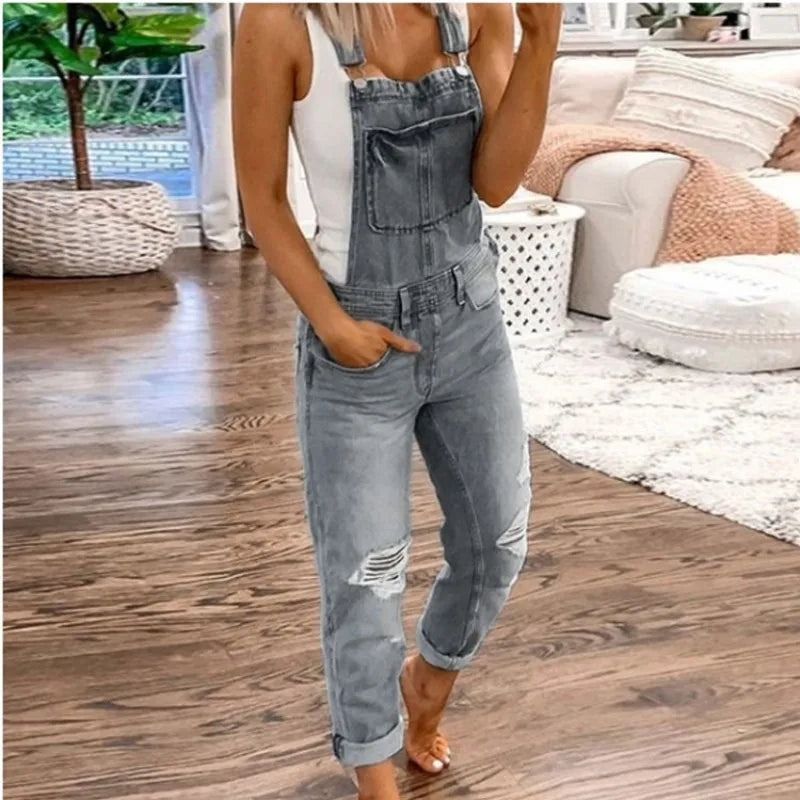 Women's Ripped Suspenders Denim Jumpsuit