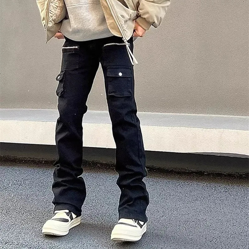 Men's Black Flared Zipper Cargo Jeans