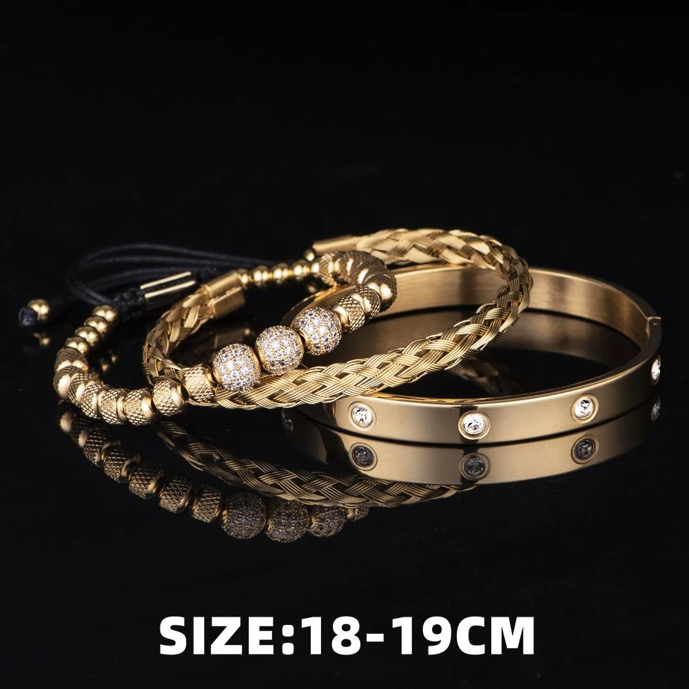 Men's 3-Piece Micro Pave CZ Stainless Steel Charm Bracelet Set