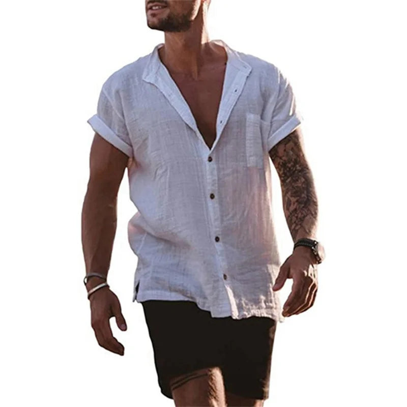 Men's Cotton Linen Short Sleeve Stand Collar Beach Shirt