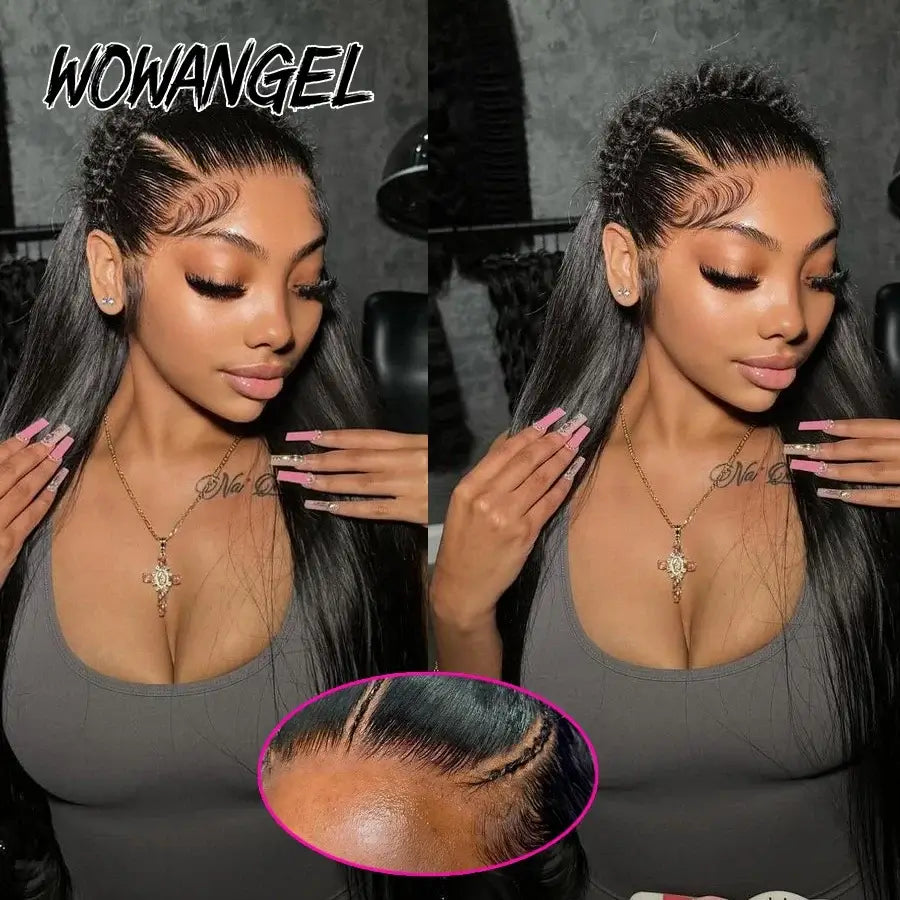 WowAngel 250% Upgraded 13x6 HD Lace Full Frontal Wigs Glueless Straight Human Hair Wigs Pre Plucked Natural Scalp Brazilian Hair.