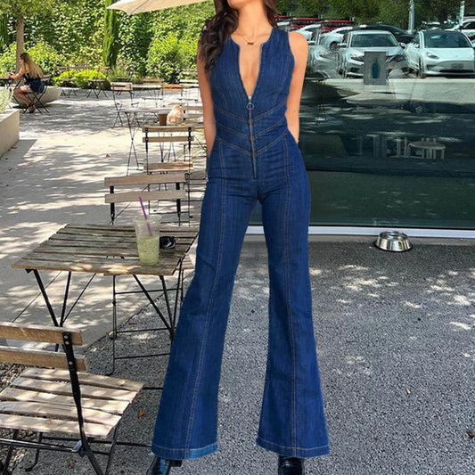 Women's Sleeveless Zip Denim Jumpsuit, Heart-Back Playsuit