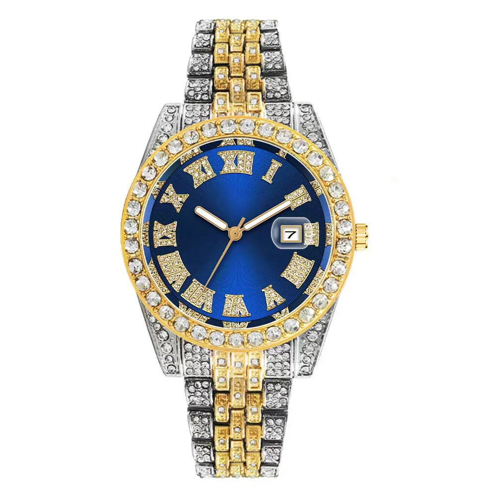 Men's Gold Stainless Steel Iced Rhinestone Calendar Hip Hop Watch
