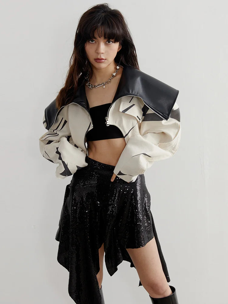 Women's Contrast Lapel Zipper Short Jacket Coat