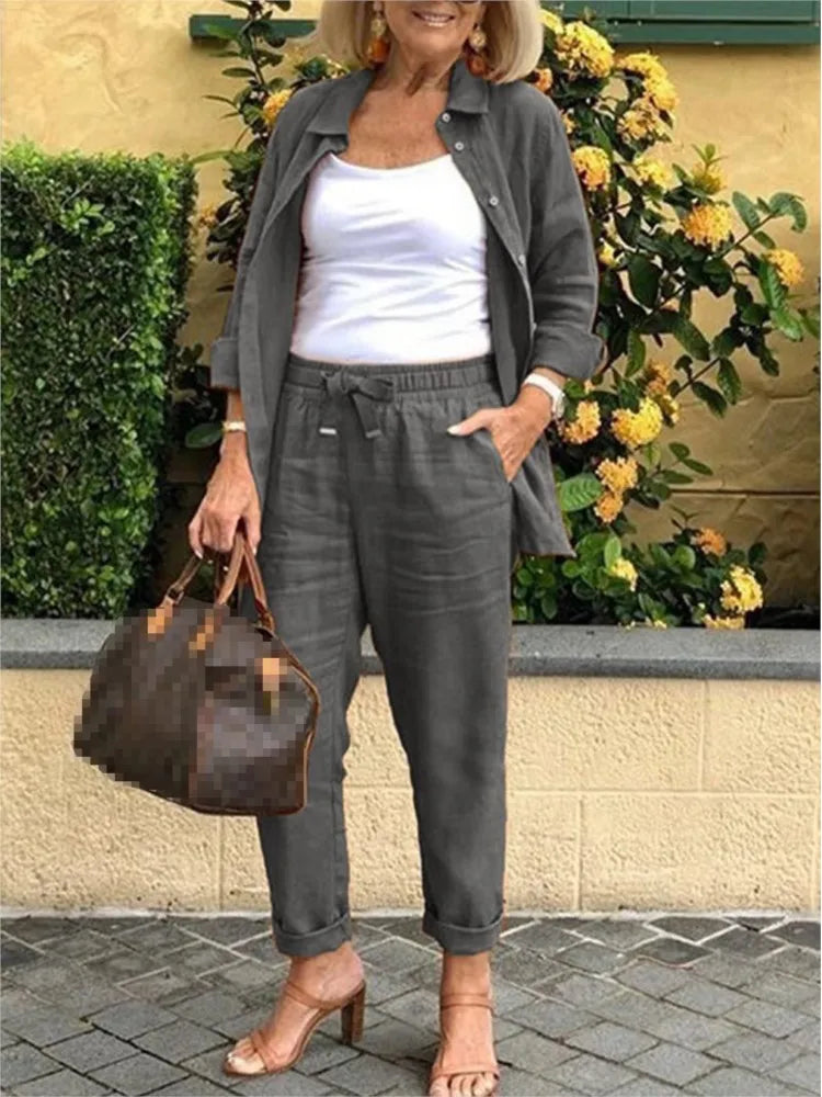 Women's Cotton Linen Shirt and Pants 2-Piece Set