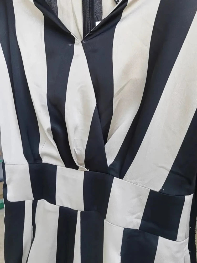 Women's Black-White Striped V-Neck Wide-Leg Jumpsuit, Office Belted Look
