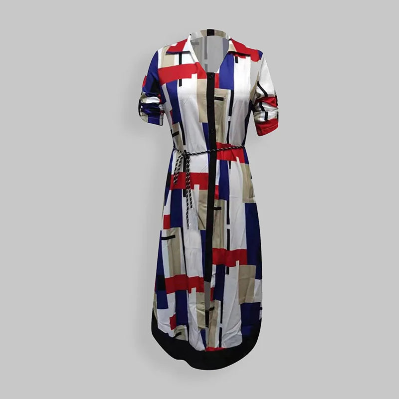 Women's Autumn Print V-Neck Lace-Up Long Sleeve Slim Midi Dress