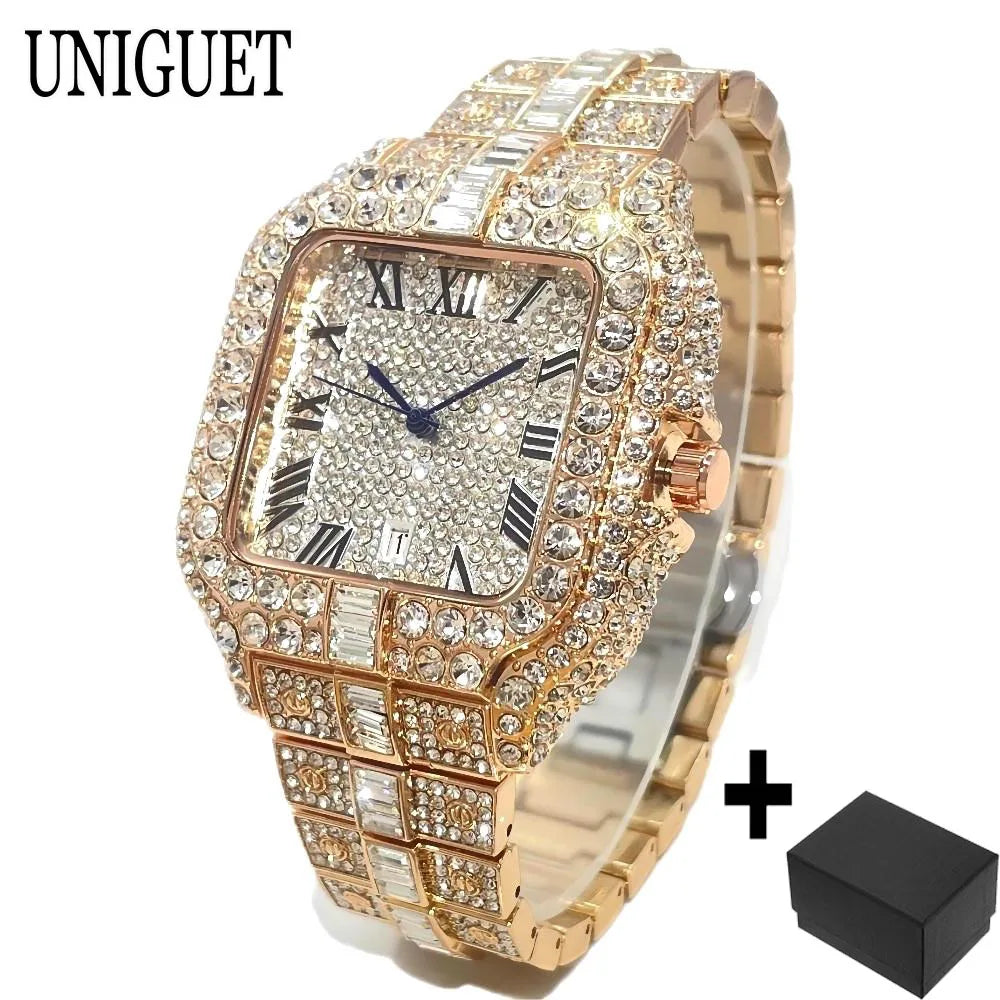Men's rose gold iced-out square diamond watch