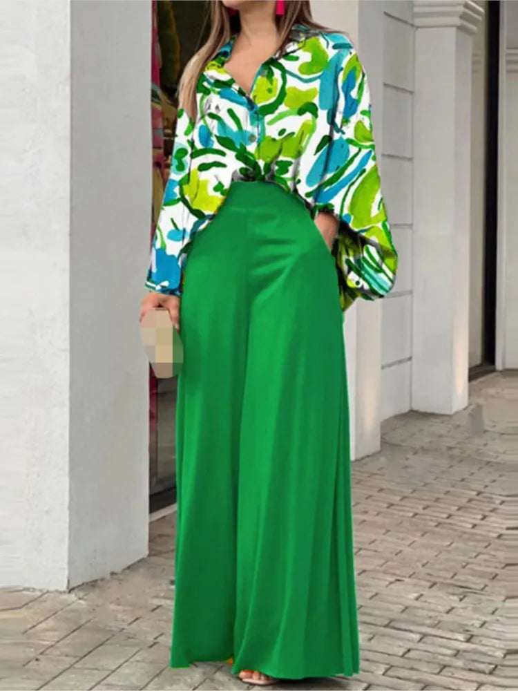 Women's Printed Shirt and Solid Pants Two-Piece Set