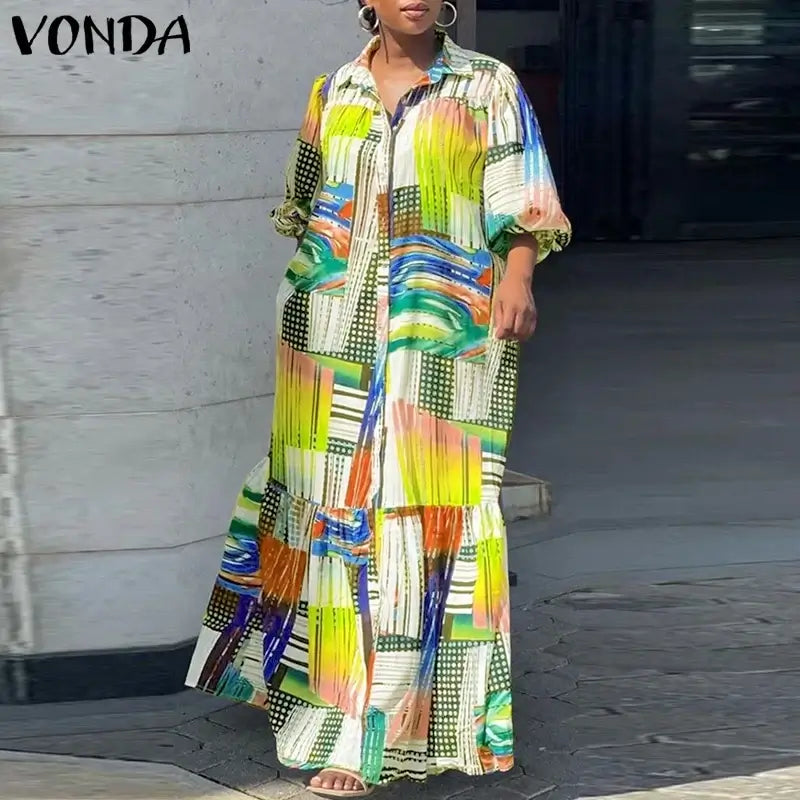 Women's Plus-Size 5XL Bohemian Printed Long Sleeve Vintage Maxi Dress