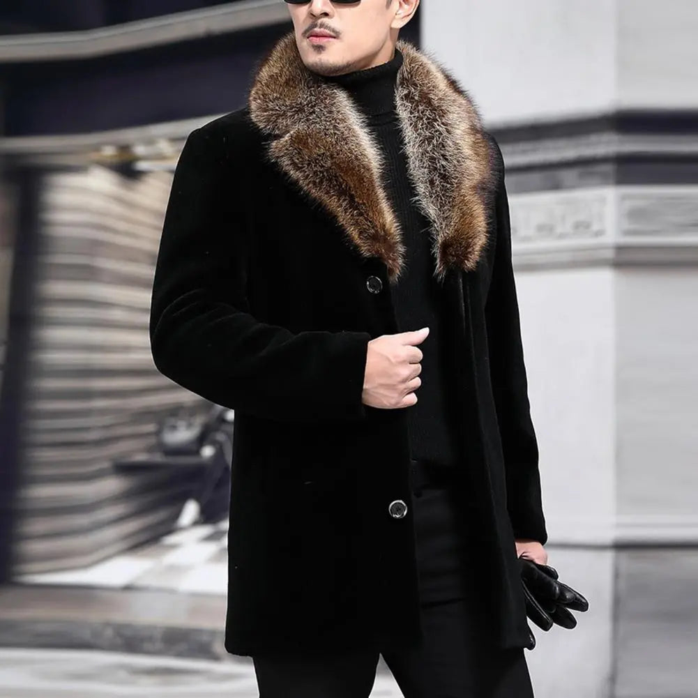 Men's Faux Fur Collar Thick Woolen Single-Breasted Coat