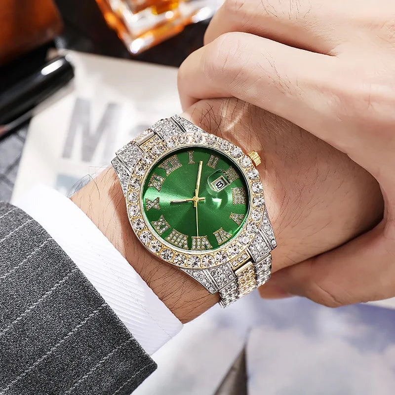 Men's Gold Stainless Steel Iced Rhinestone Calendar Hip Hop Watch