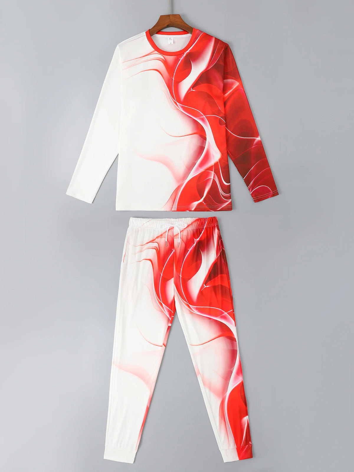 Men's Wave-Print Long-Sleeve Shirt and Pants Casual Sports Two-Piece Set
