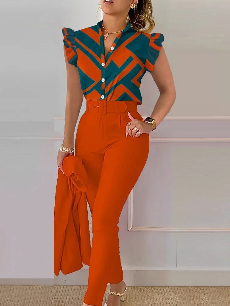 Women's Printed Sleeveless Shirt and Belted Pants Office Set
