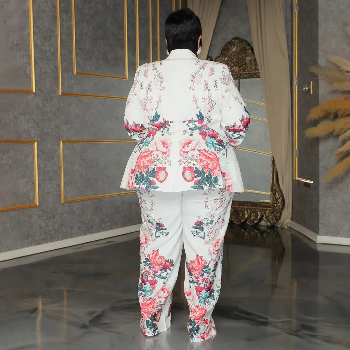 Women's Plus Floral Print Blazer and Wide-Leg Pants Set