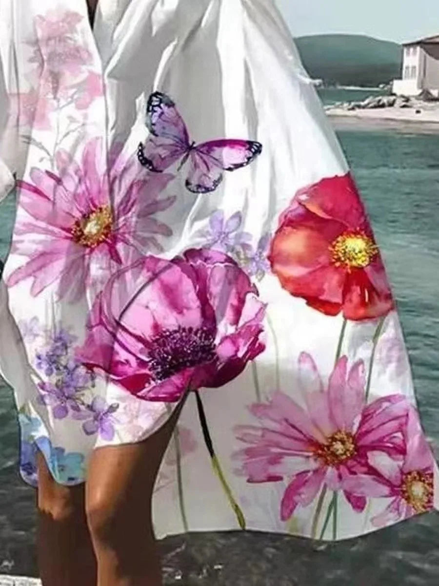 Women's Printed Lapel Long Sleeve Shirt Dress