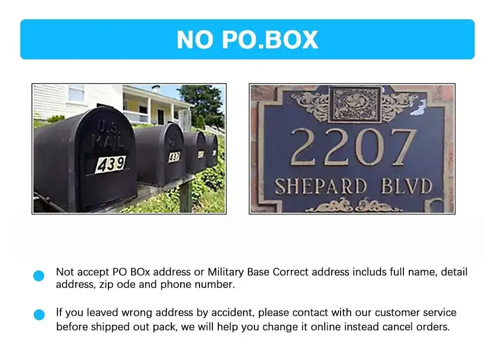 Image showing mailboxes with notes about shipping address requirements and no PO Box policy.