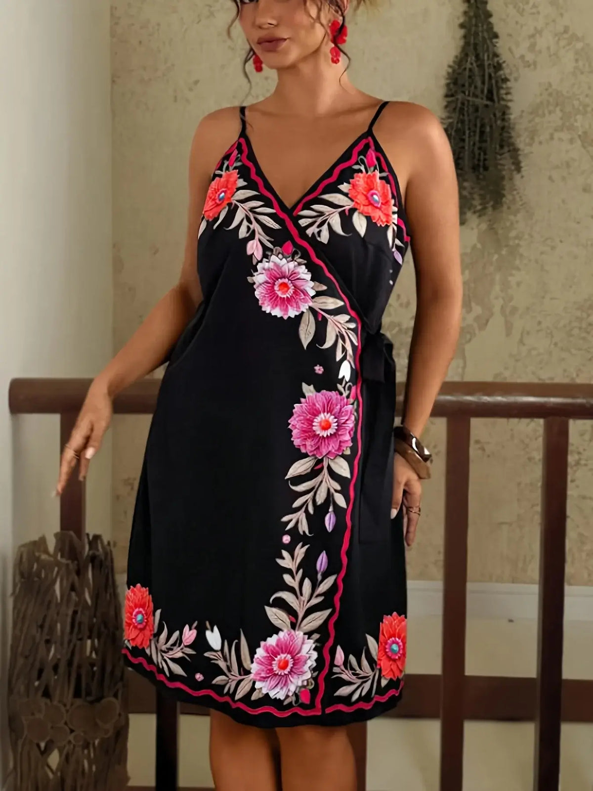 Women's Plus Size Ethnic Print Halter V-Neck Holiday Dress