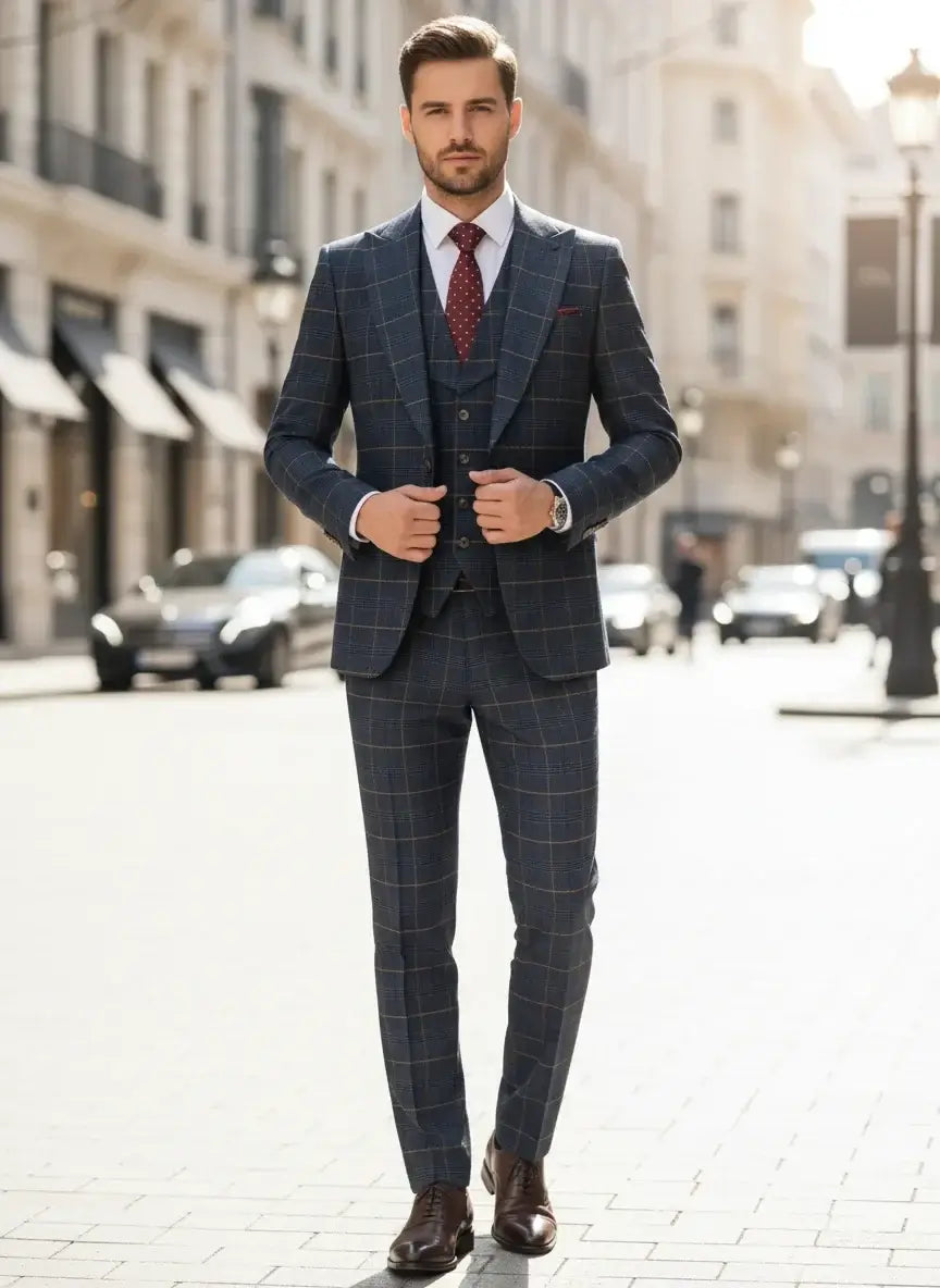 Men's 3-Piece Checkered Business and Wedding Suit