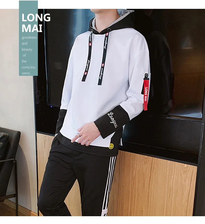 Men's Fake Two-Piece Embroidered Sport Hoodie Pullover Sweatshirt