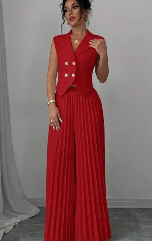 Women's Solid Lapel Sleeveless Top and Trousers Two-Piece Set