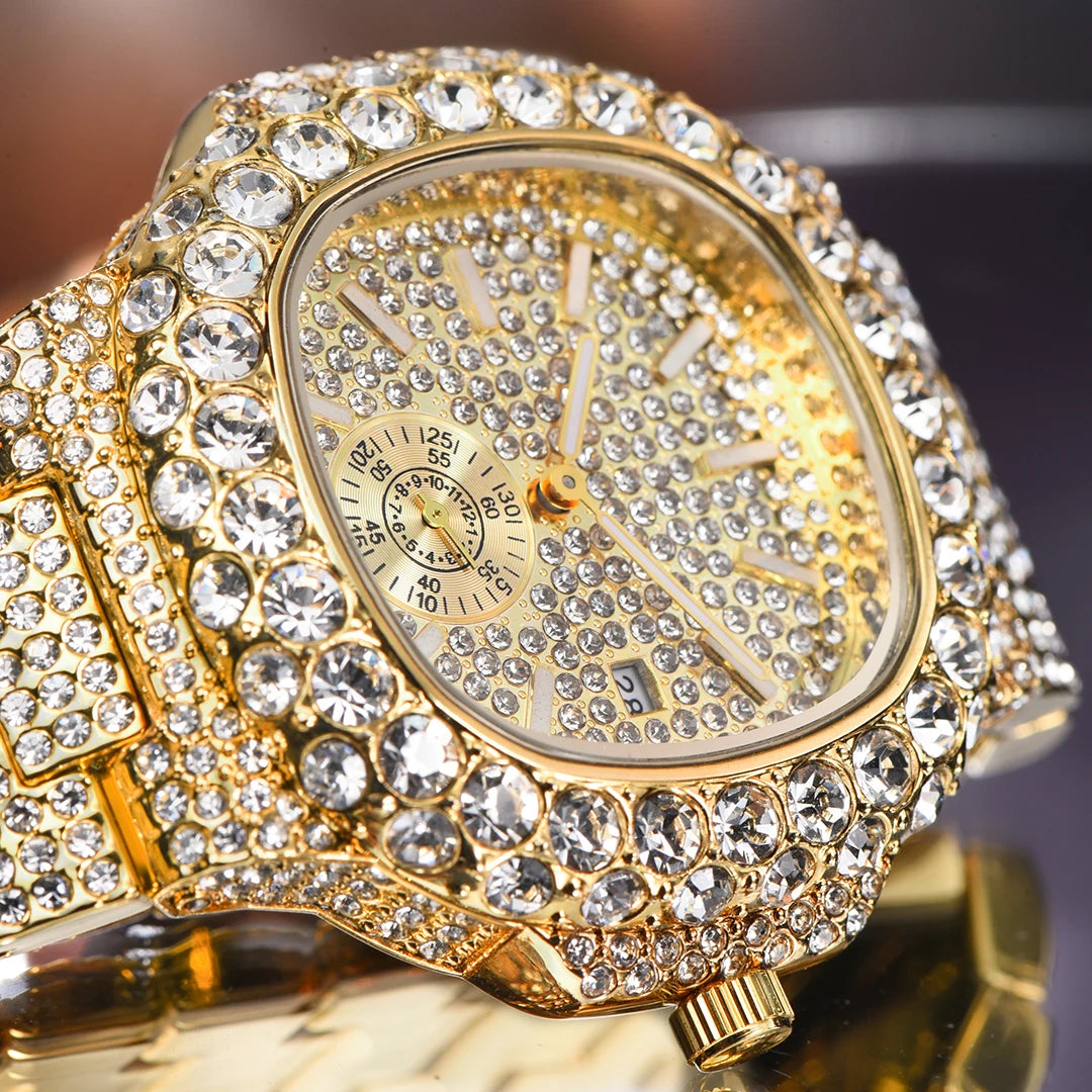 Men's Hip Hop Iced Out 18K Gold Automatic Date Steel Watch