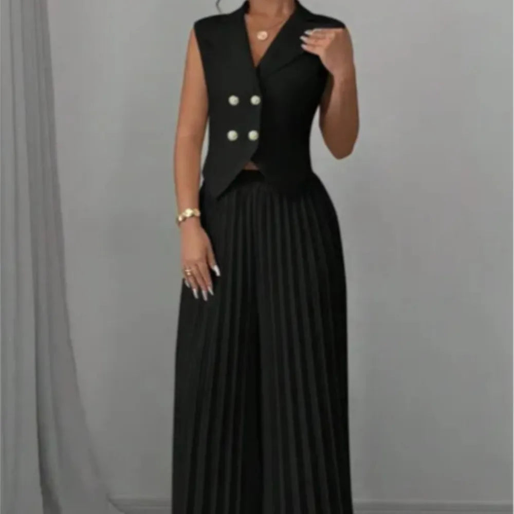 Women's Solid Lapel Sleeveless Top and Trousers Two-Piece Set
