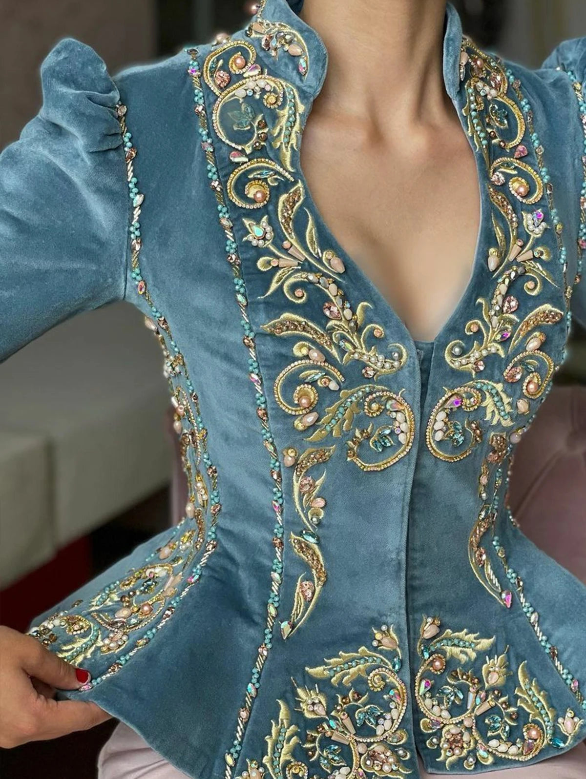 Women's Floral Embroidered V-Neck Velvet Peplum Blouse