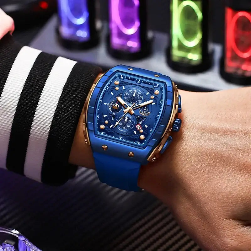 Men's blue dive chronograph watch on wrist
