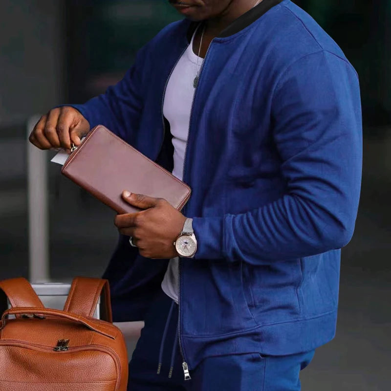 Men's Solid Stand-Collar Zip Jacket and Pants Set