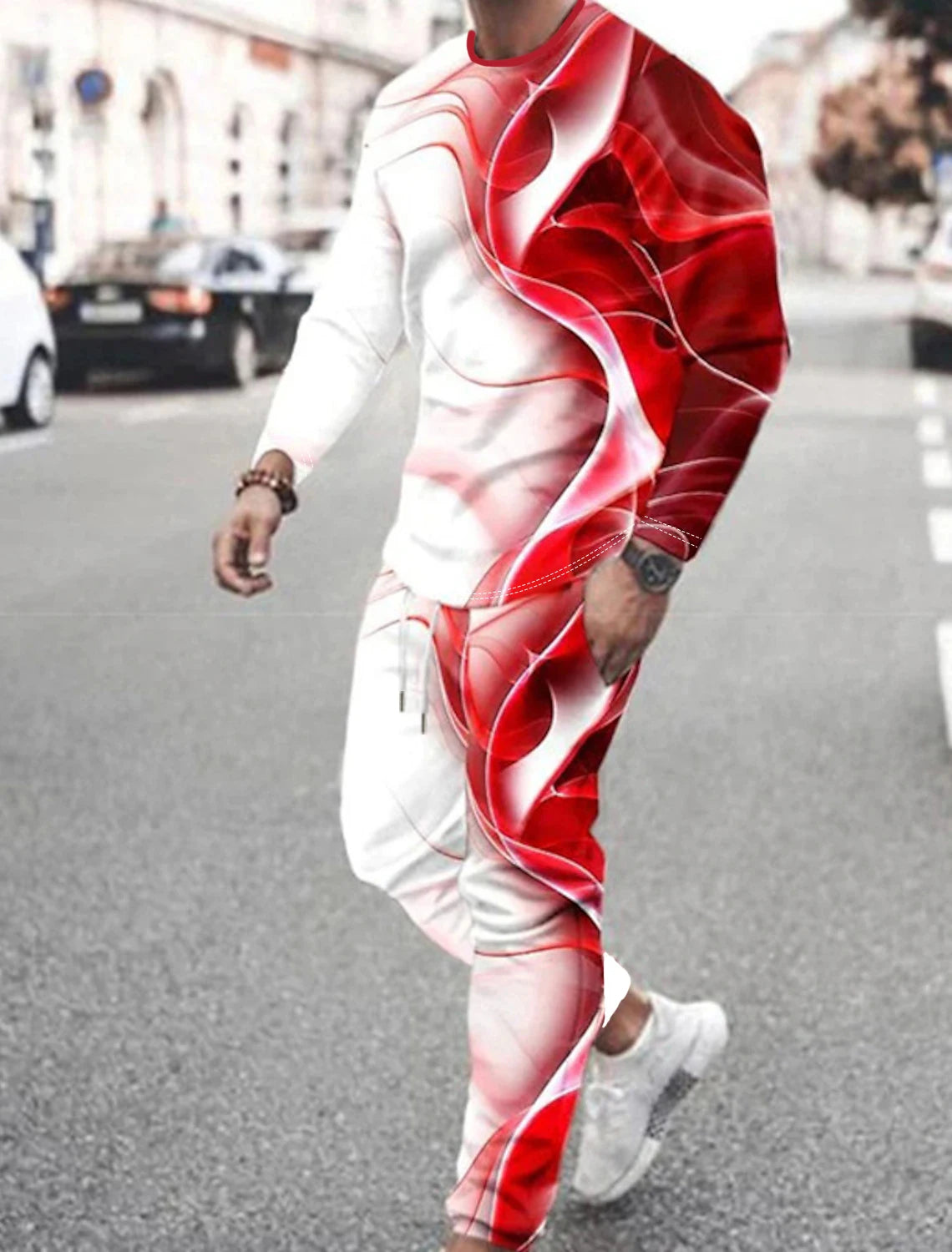 Men's Wave-Print Long-Sleeve Shirt and Pants Casual Sports Two-Piece Set